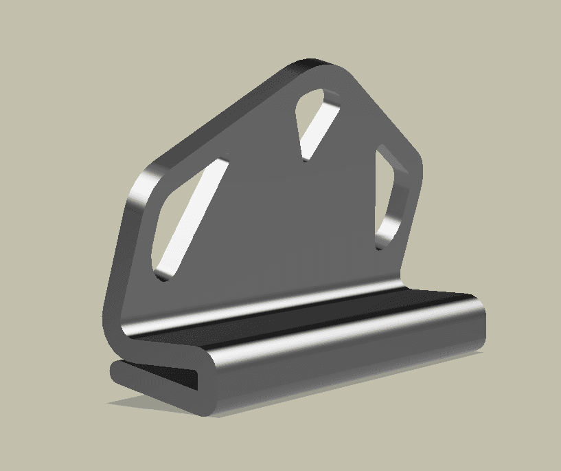 CAD render of the bent-steel hangboard — a tapered plate with two teardrop cutouts and a rolled front grip edge