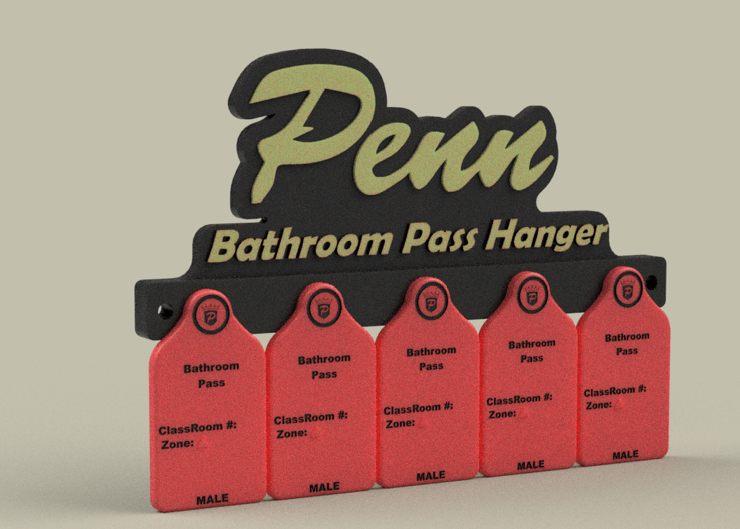 Render of the Penn Bathroom Pass Hanger — a black wall board holding five red bathroom passes labeled by classroom and zone