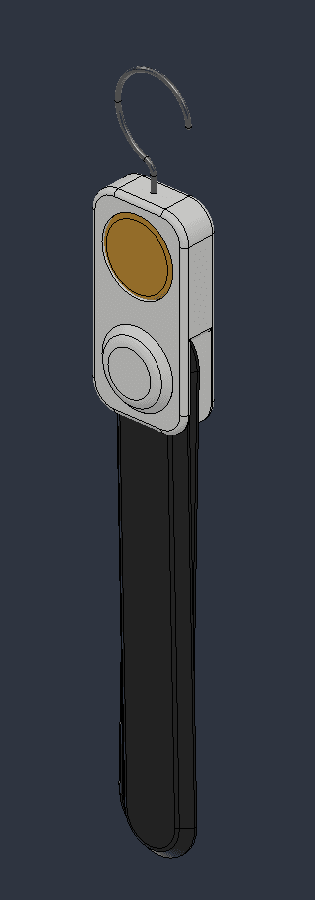 Innovative Hanger CAD render with the arms folded down alongside the hook, button held in