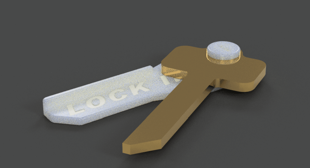 Render of the MagSafe key holder — a brass-colored key body with a magnetic disc, paired with a white dorm key card