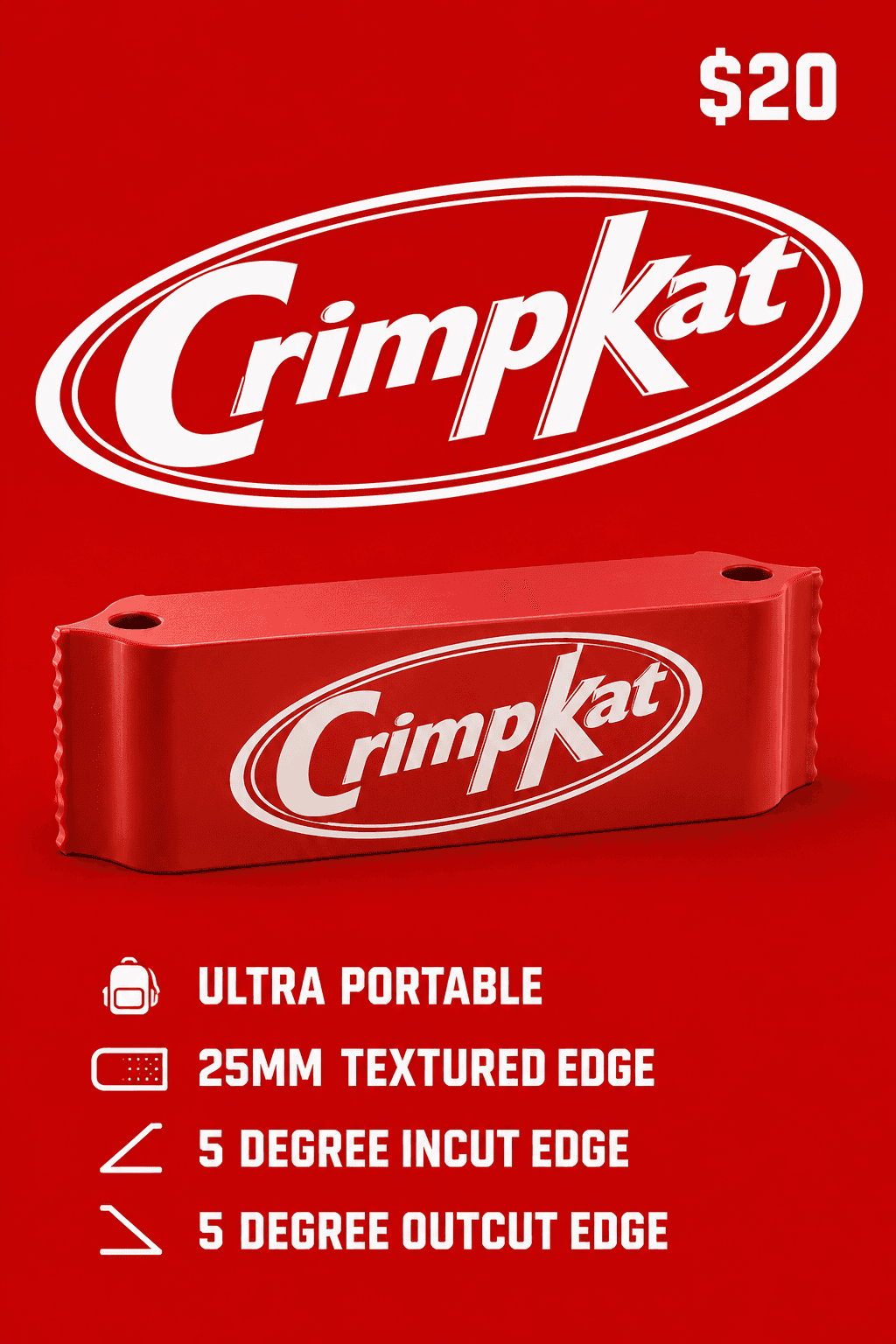 CrimpKat poster — red portable climbing edge with a textured grip surface on a red background