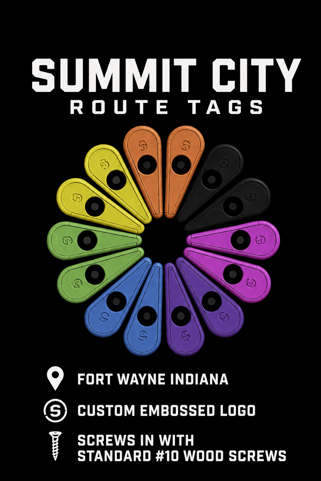 Summit City Route Tags poster — twelve teardrop-shaped route tags arranged in a color wheel on black