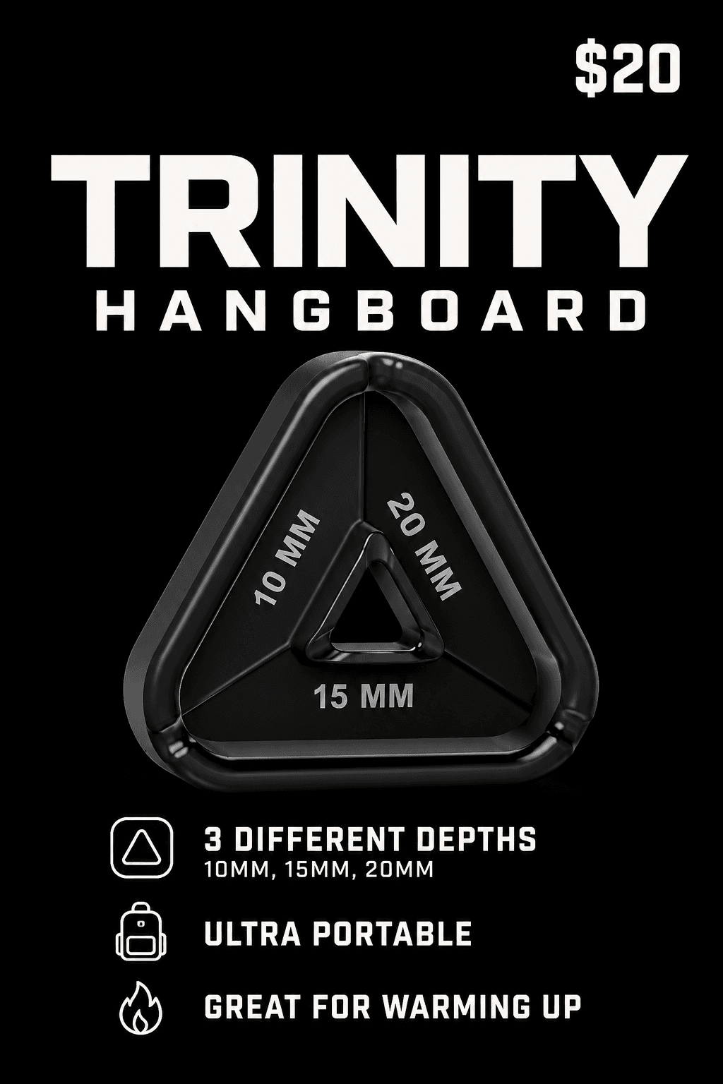 Trinity Hangboard poster — black triangular hangboard with 10mm, 15mm, and 20mm edges labeled on each side