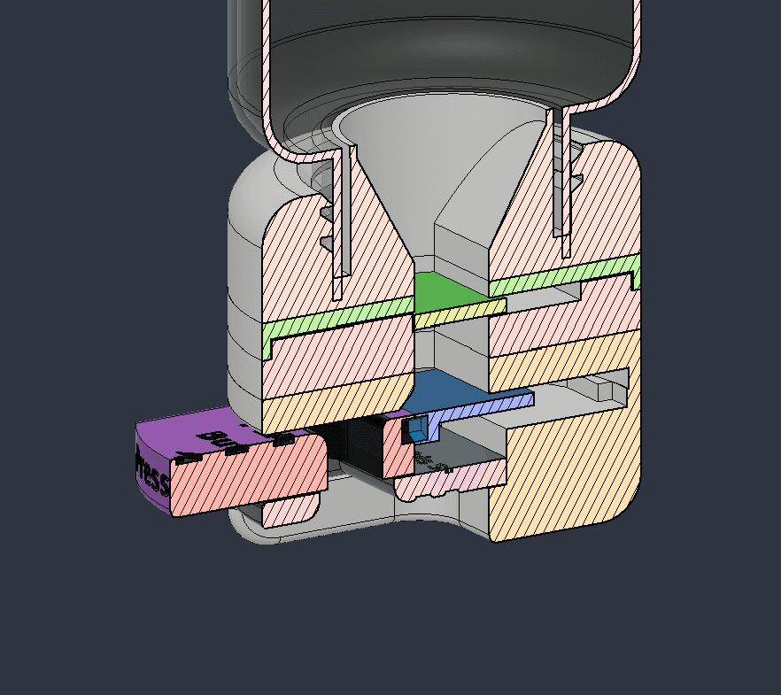 Cross-section view of the assembled SimPill device showing the internal sorting chamber, spring, and button stack in section hatching
