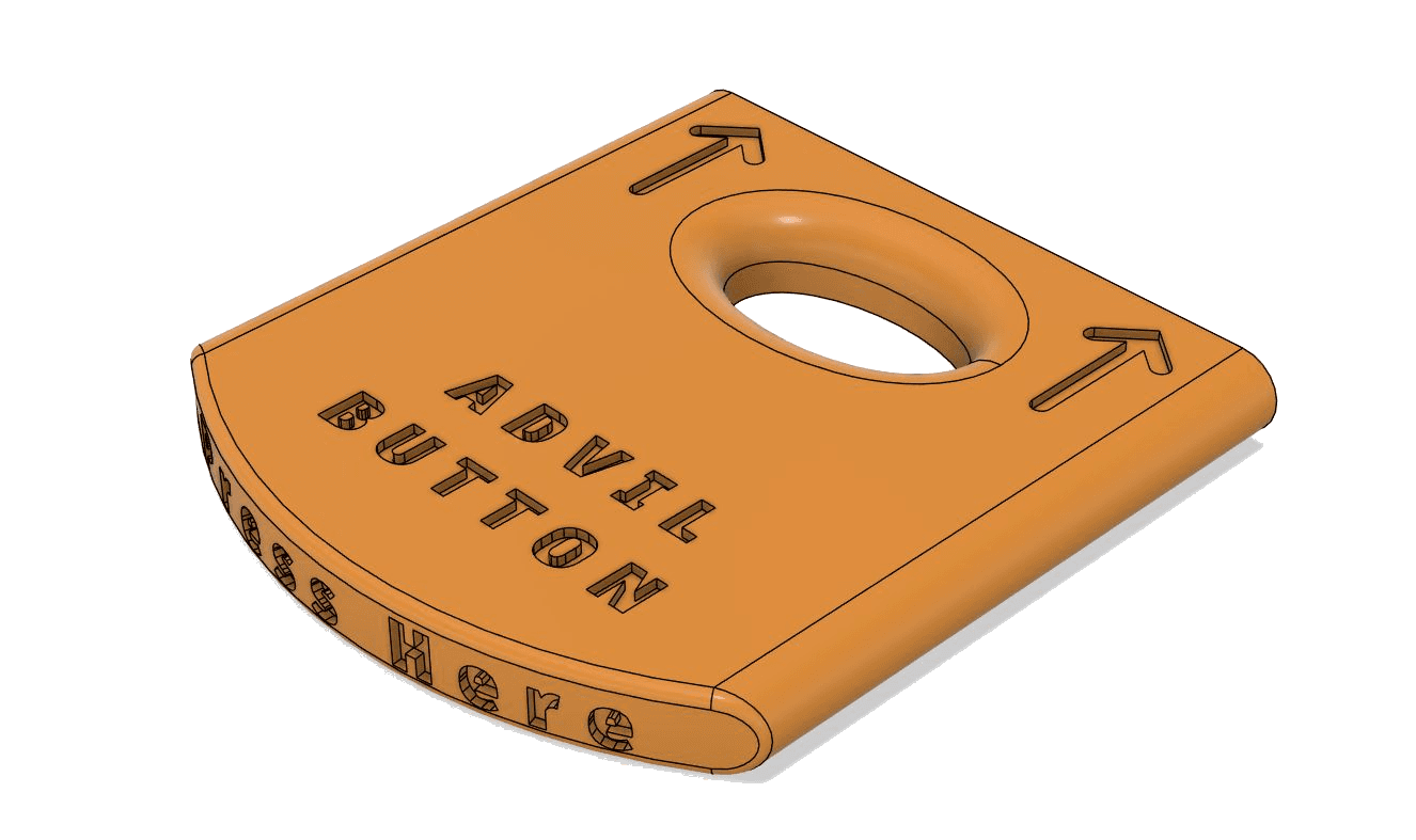 SimPill orange pill button CAD model showing 'Advil Button' label and slot mechanism