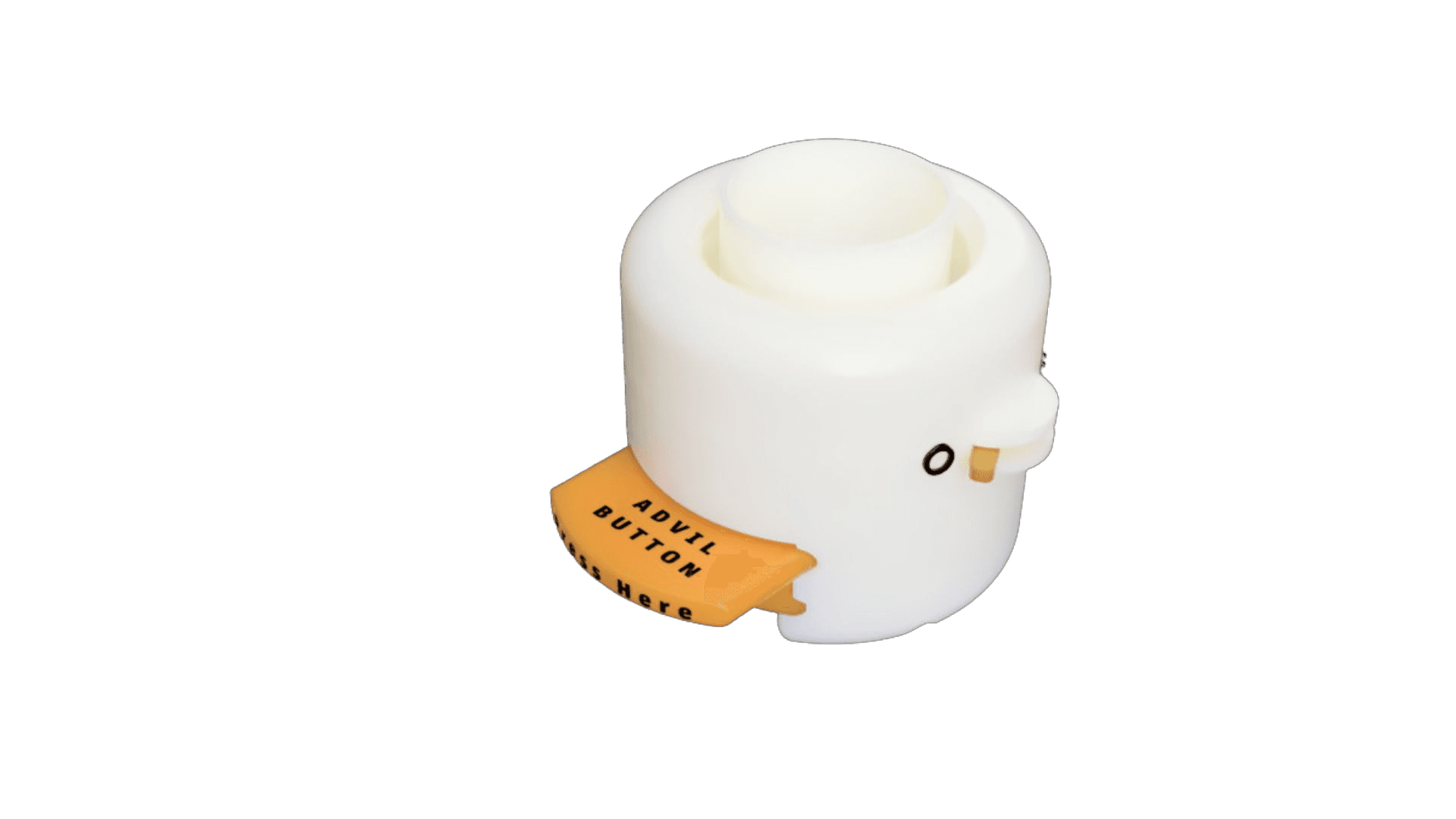 Physical 3D-printed SimPill prototype โ white body with orange Advil pill button