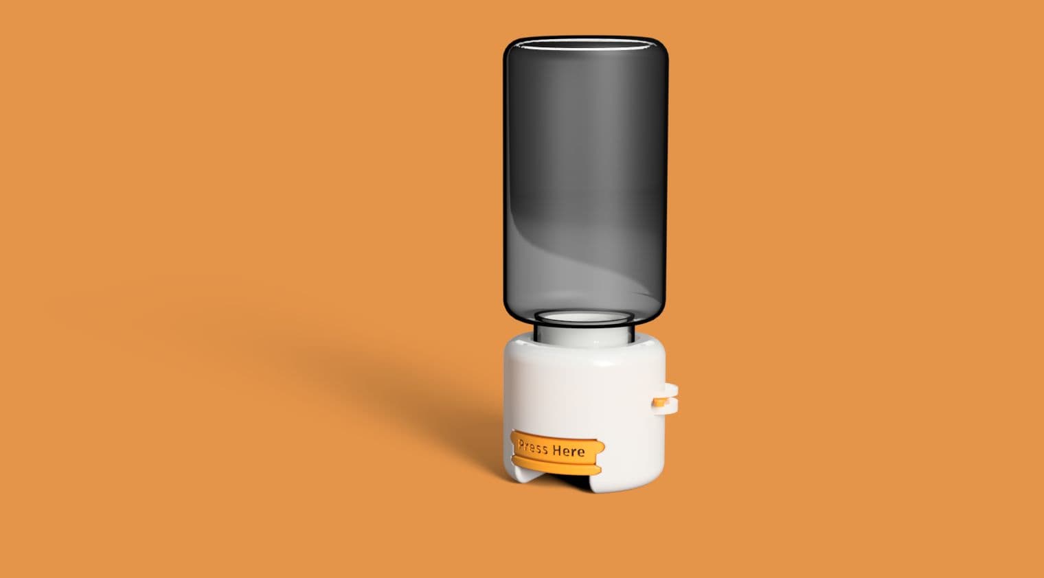 SimPill 3D render showing device attached to a translucent pill bottle, orange background