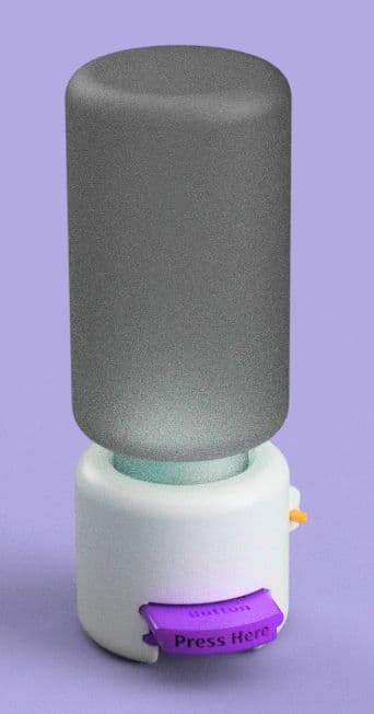 SimPill 3D render with purple pill button variant and pill bottle, purple background