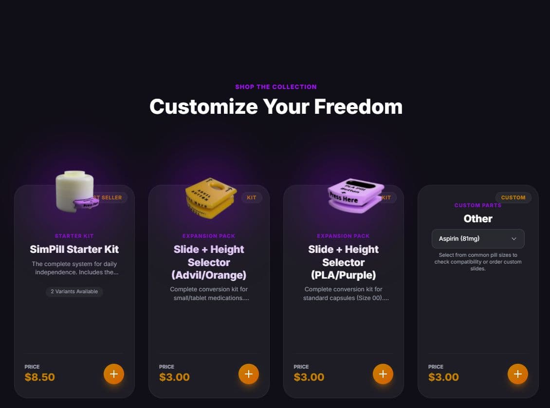 SimPill website mockup showing the Customize Your Freedom shop with starter kit and expansion packs